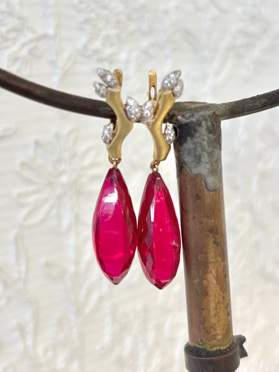 18K Gold Diamond & Red Corundum Stone Dangle Earrings - Made X Hudson