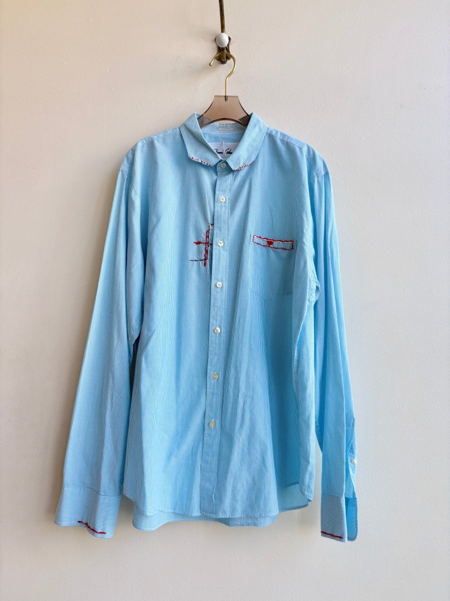 Tomato and Cloud | Embroidered Teal Stripe Button Down (Reworked) - Made X Hudson