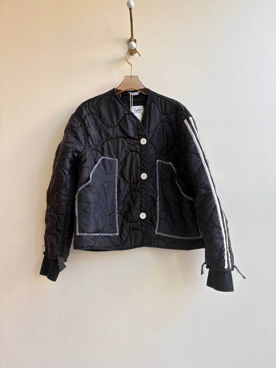 Black Army Liner Quilted Coat w/ White Buttons (Reworked) - Made X Hudson