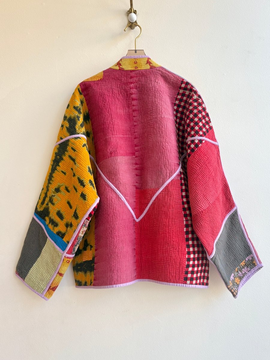 Reversible Ladhiya Quilted Jacket in Colors Red, Lavender, Orange & Multi Colored Floral Patchwork - Made X Hudson