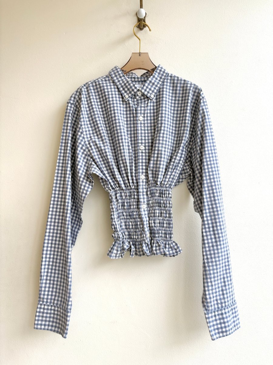 The George Top | Grey/Blue Gingham Button Down Top w/ Smocked Waist (Reworked) - Made X Hudson