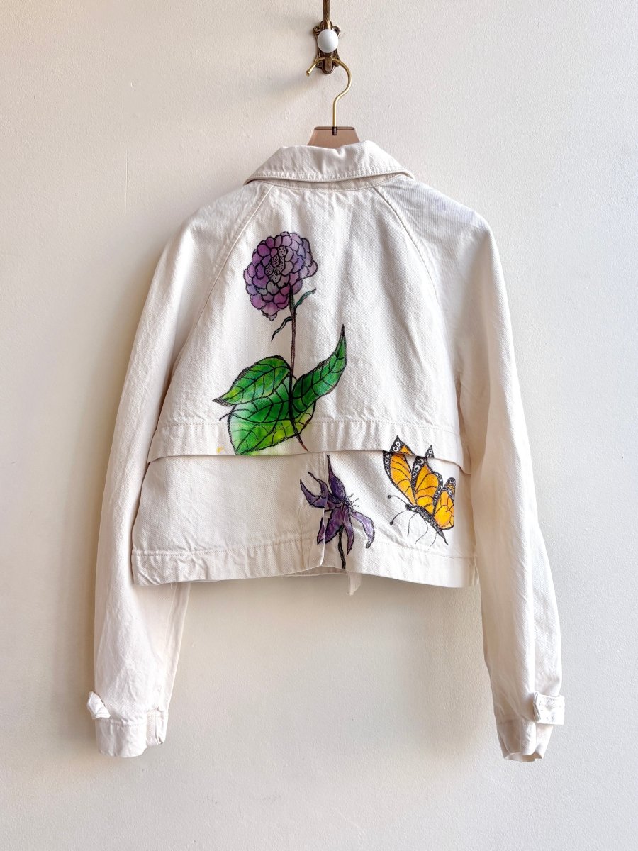 Hand Painted Monarch and Hydrangea Double Breasted Cropped Denim Jacket (Reworked) - Made X Hudson