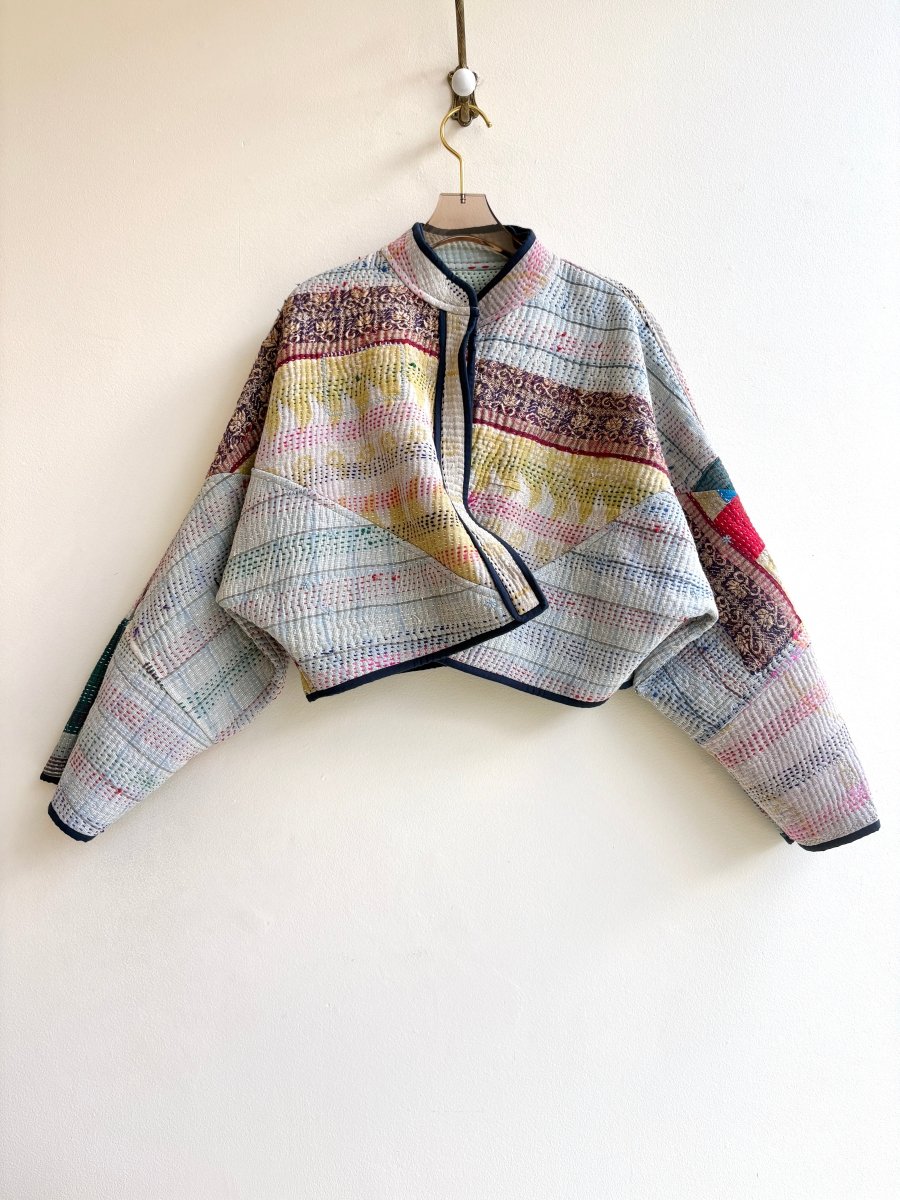 Reversible Kaira Quilted Cropped Jacket in Colors Mint Faded Stripe, Orange, Blue & Mustard, Grey, Teal - Made X Hudson