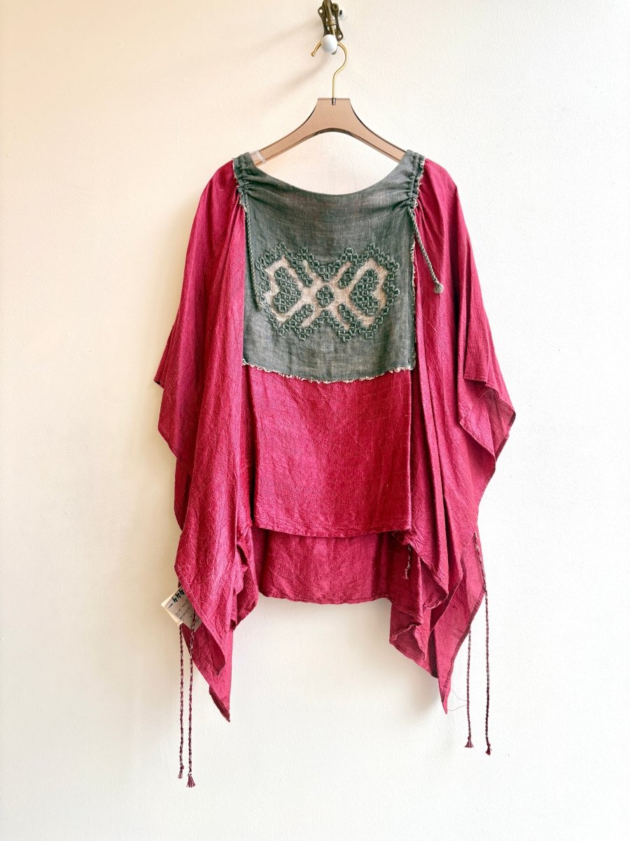 2D Vestment Hand Embroidered Smock Cape with Baltic X Design and Ties | White Linen and Grey Cotton - Made X Hudson