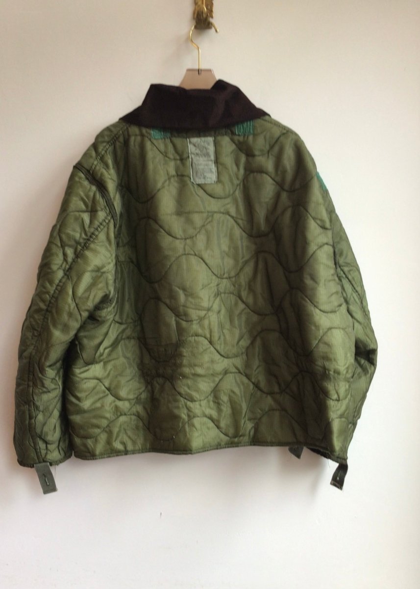 Dark Olive Green Army Liner Quilted Coat w/ Brown Corduroy Collar (Reworked) - Made X Hudson