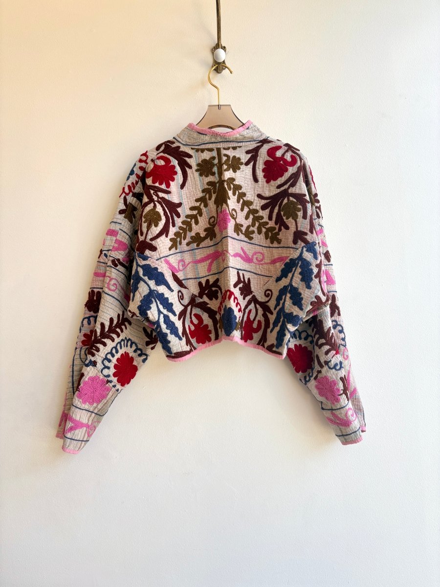 Reversible Suzani Quilted Cropped Jacket in Colors Purple, Pink, Grey, Blue & Ecru, Brown, Blue, Pink - Made X Hudson