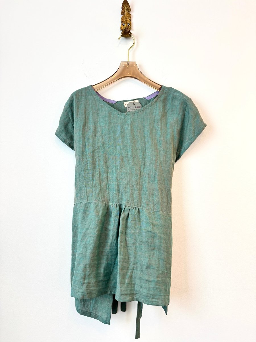 Two Tone Teal and Grey Linen Wrap Top - Made X Hudson