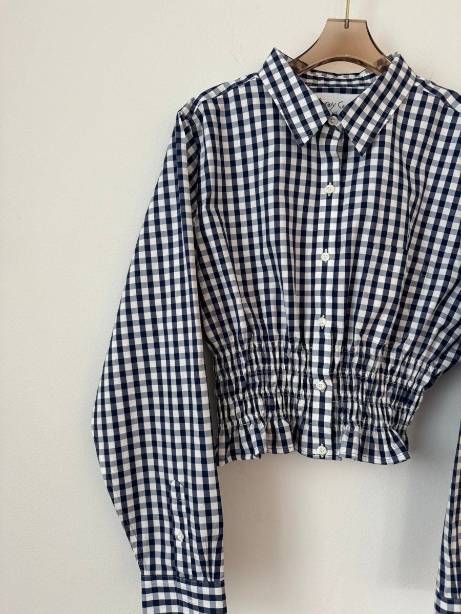 The George Top | Navy & White Gingham Button Down w/ Smocked Waist (Reworked) - Made X Hudson
