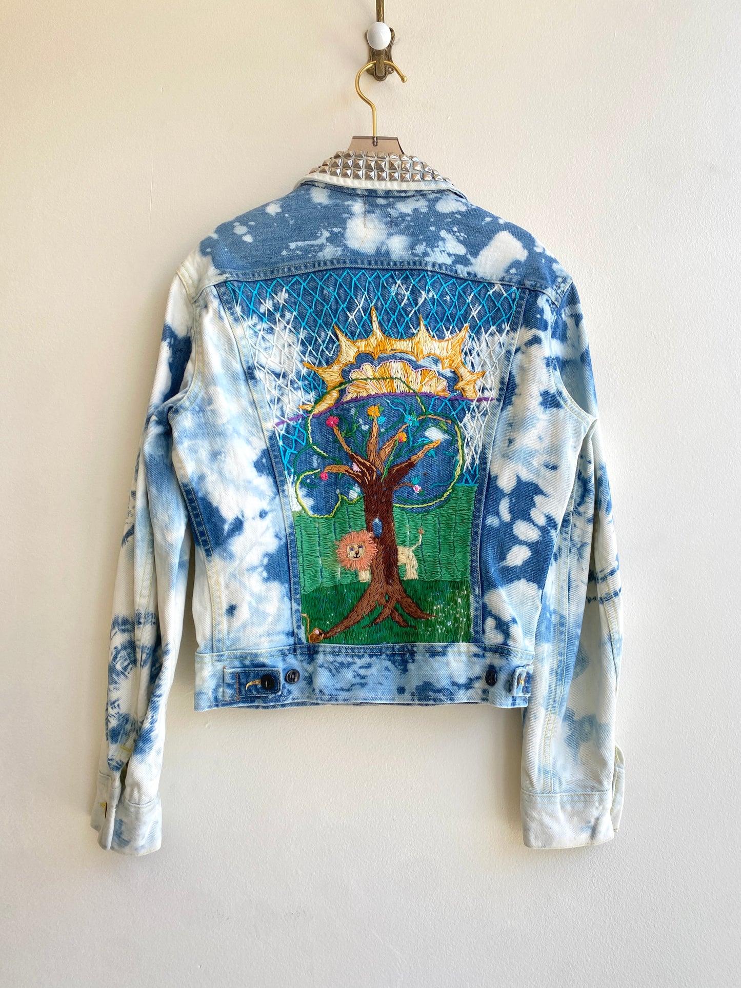 Hand Dyed Vintage Metal Studded Button Up Denim Coat w/ Hand Embroidered Back (Reworked)