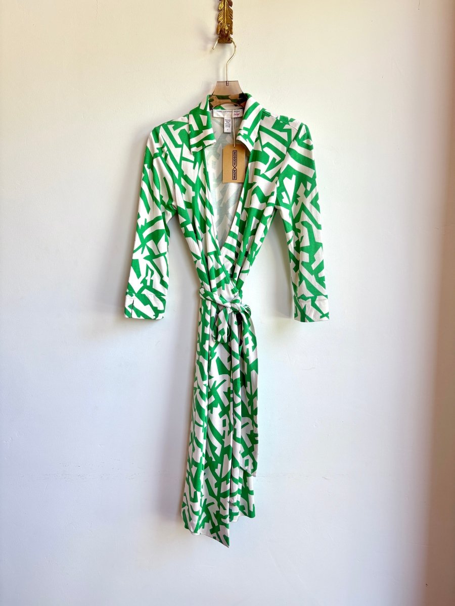 Diane von Furstenberg | Green & White Geometric Print Wrap Dress (Vintage) - Made X Hudson