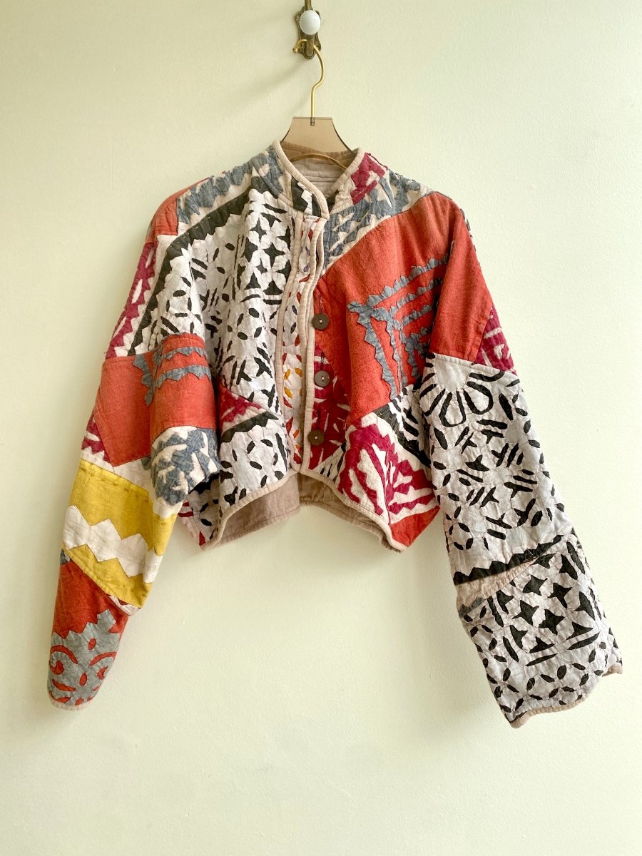 Reversible Kaira Quilted Cropped Jacket in Colors Red, Yellow, Black & Flax - Made X Hudson