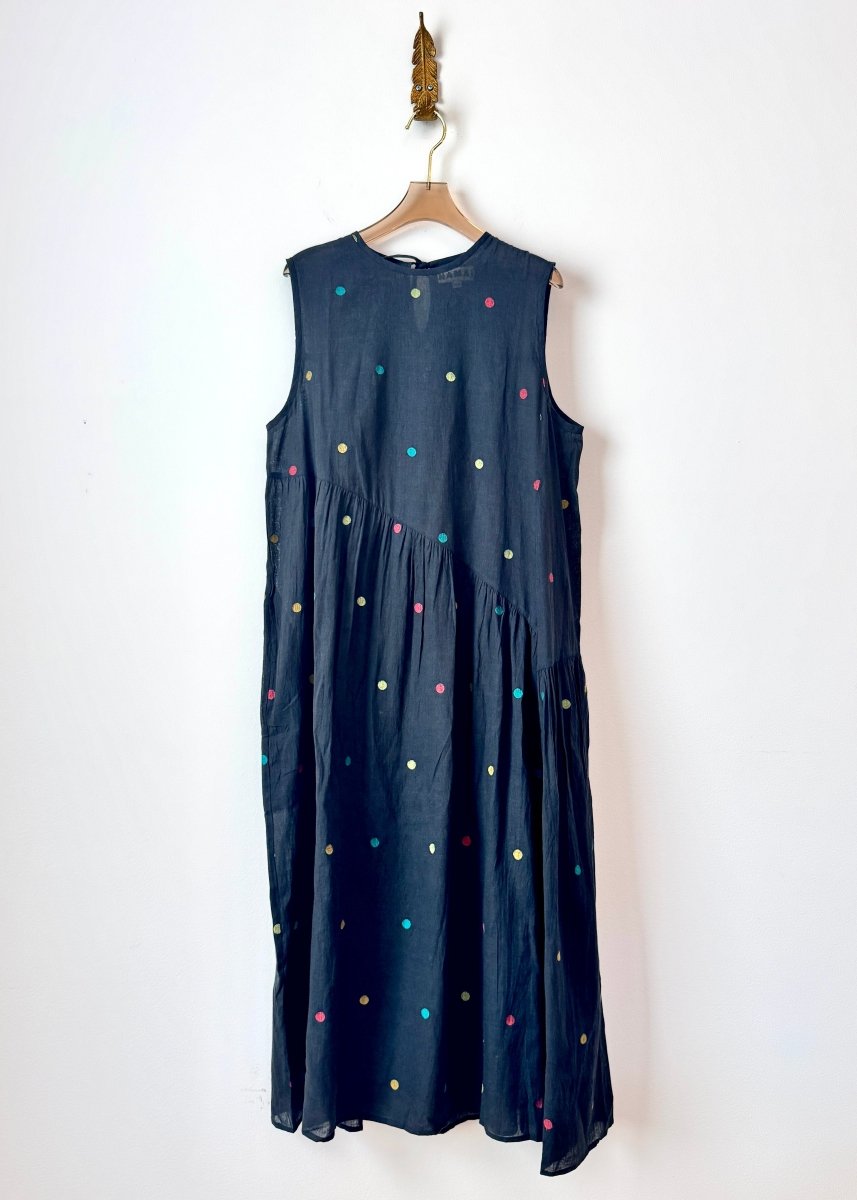 Anan Long Gathered Dress in Charcoal & Color Polka Dot - Made X Hudson
