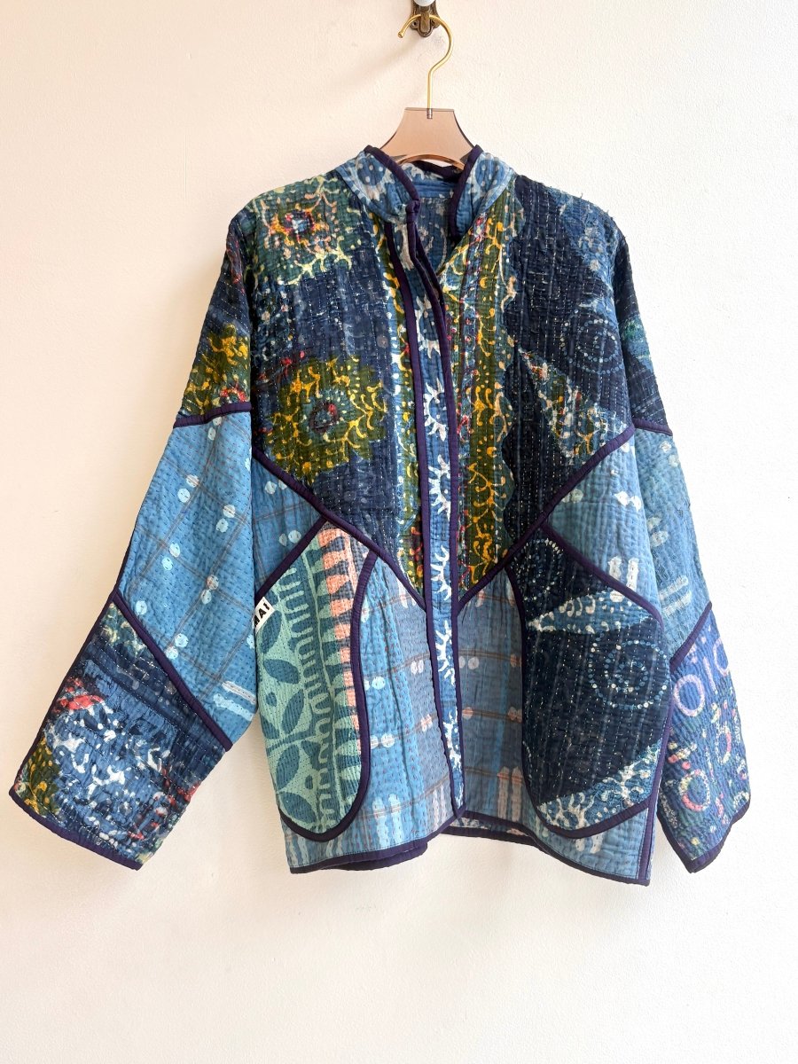 Reversible Ladhiya Quilted Jacket in Colors Indigo Blue, Marigold, Navy & Medium Blue, Cream, Teal - Made X Hudson