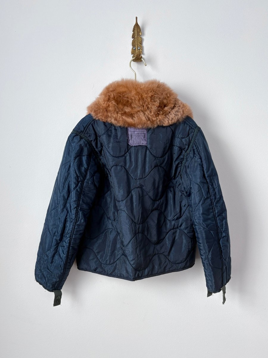 Navy Army Liner Quilted Coat w/ Rust Alpaca Fur Collar, Brown Buttons & Pockets (Reworked) - Made X Hudson