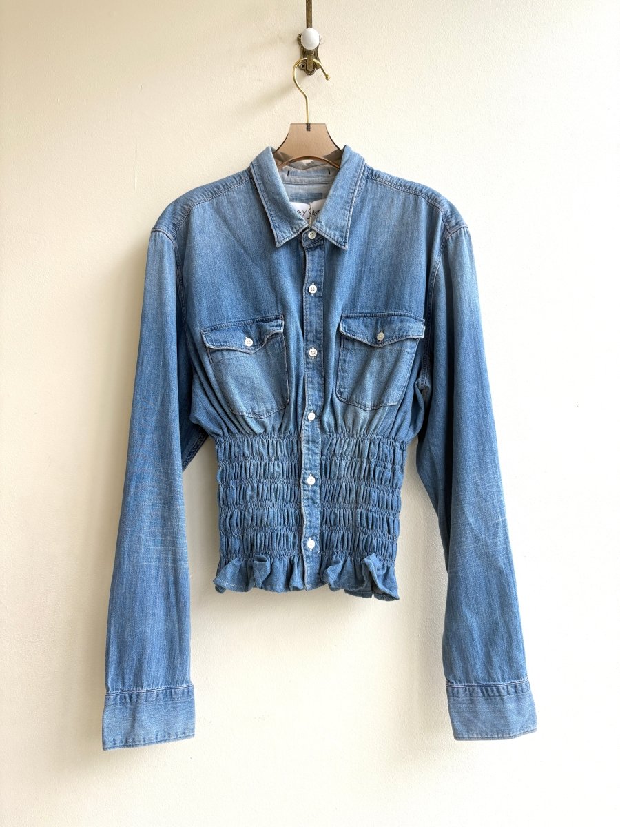 The George Top | Faded Blue Denim Button Down Top w/ Smocked Waist (Reworked) - Made X Hudson