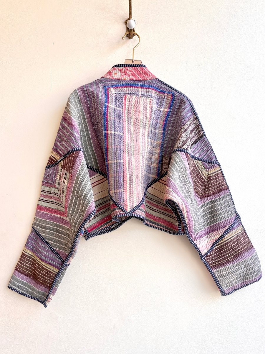 Reversible Kaira Quilted Cropped Jacket in Colors Lavender and Grey Stripes & Mauve, Peach, Cream, Pale Pink - Made X Hudson