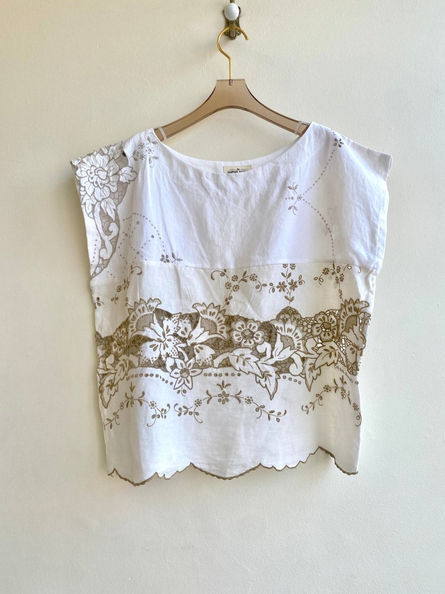 White & Brown Embroidered Linen Box Top - Made X Hudson