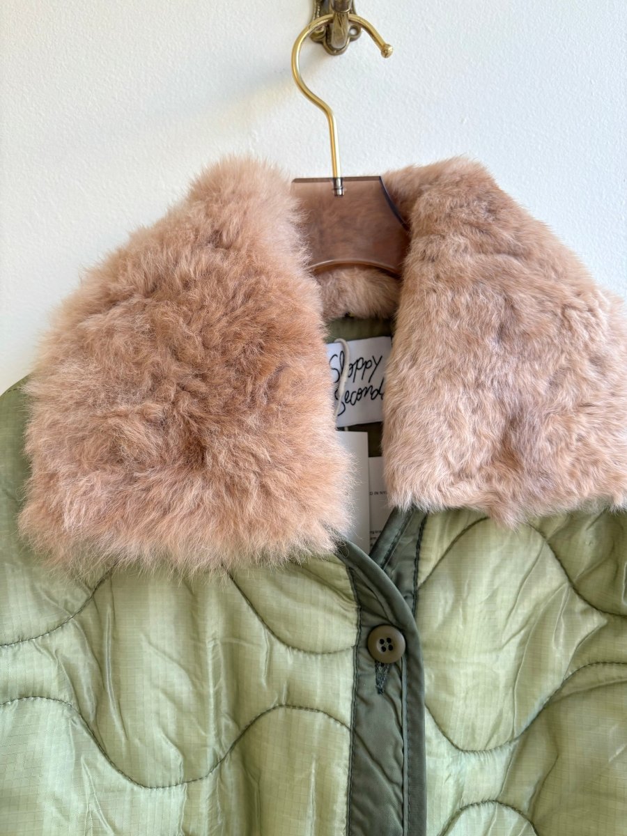 Two Tone Olive Green Army Liner Quilted Coat w/ Caramel Alpaca Fur Collar (Reworked) - Made X Hudson