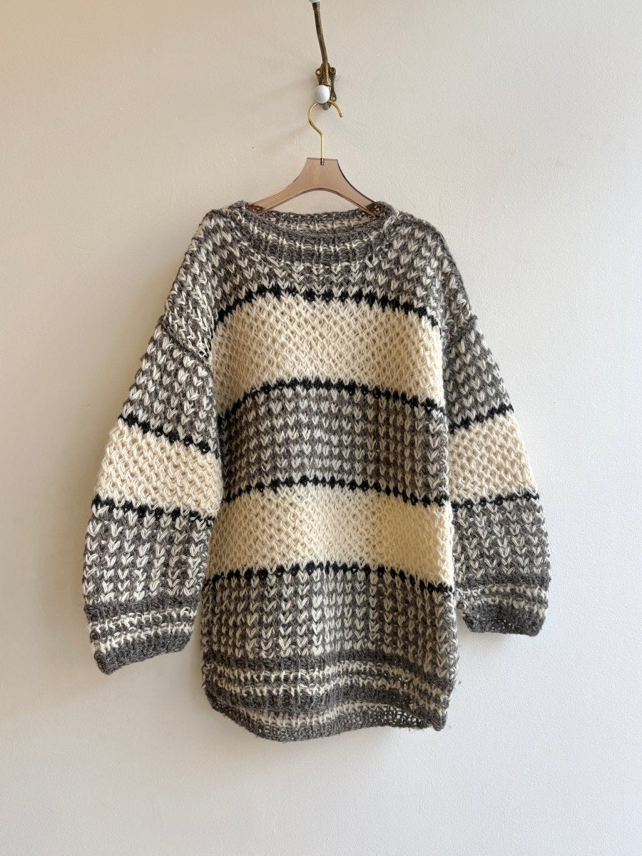 Hand - Knit Black, Grey, & Ivory Striped Canadian Ski Sweater (Vintage) - Made X Hudson