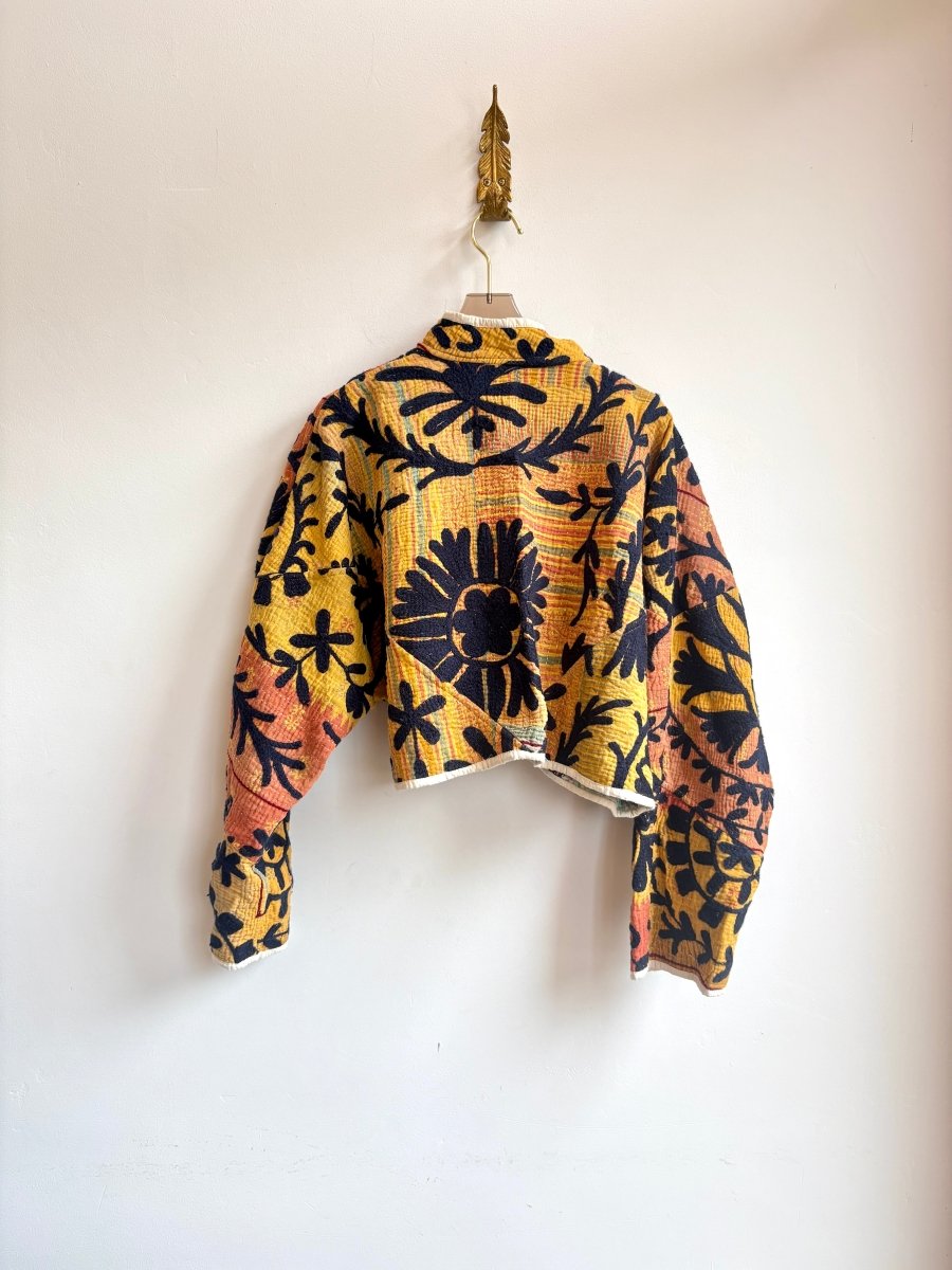 Reversible Kaira Suzani Quilted Cropped Jacket in Colors Mustard, Rust, Sage, Black & Red, Teal, Mustard, Black - Made X Hudson