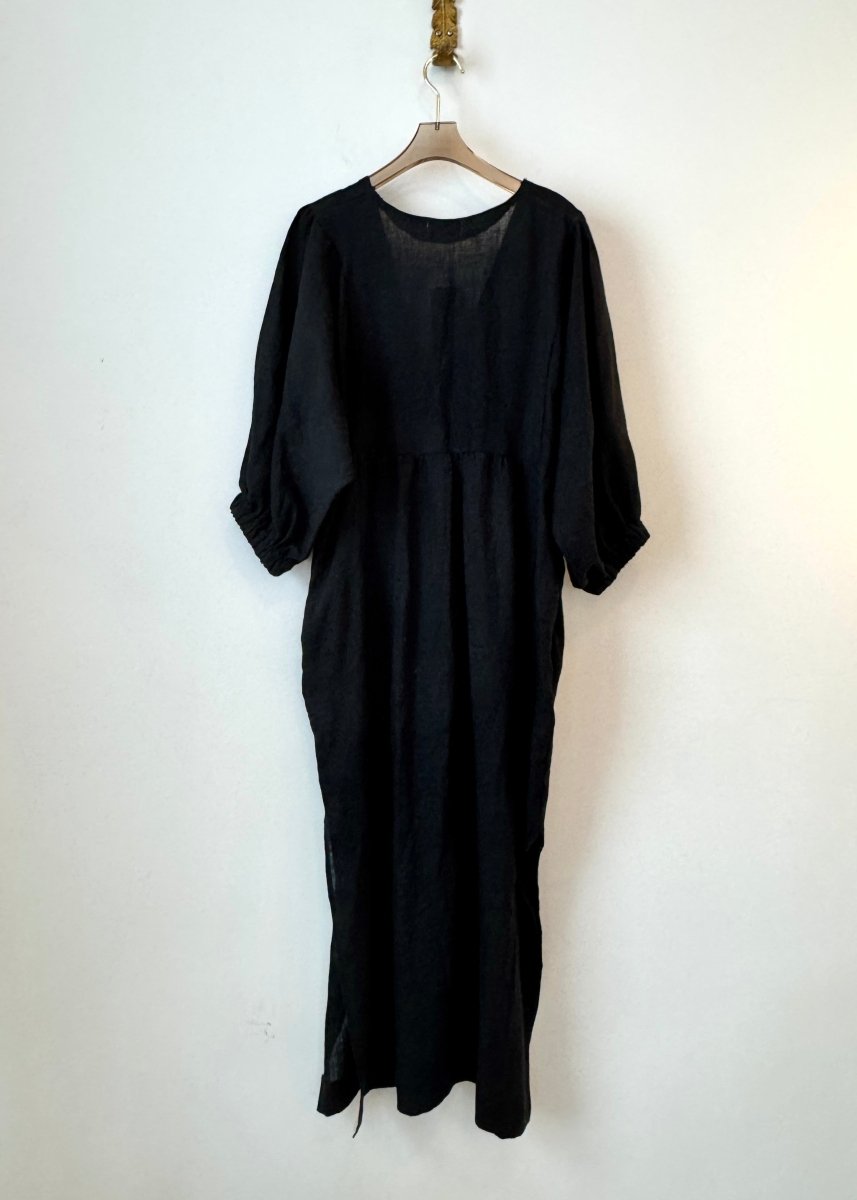 Midnight Black Linen Gather Sleeve Dress - Made X Hudson