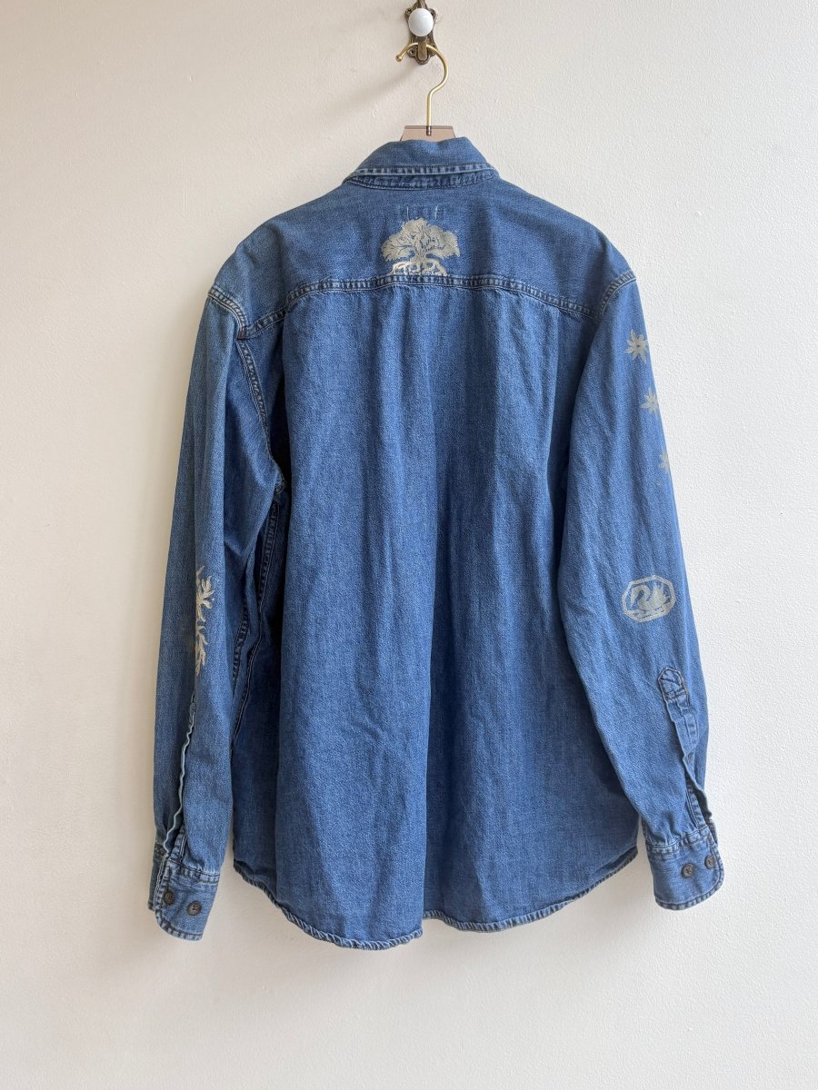 Tiny Print Button Up Denim with Light Gold and Gold Stitching | Block Printed (Reworked) - Made X Hudson