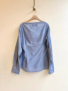 The Adrian Top | Grey Blue Chambray Button Down Top w/ Scoop Neck (Reworked) - Made X Hudson