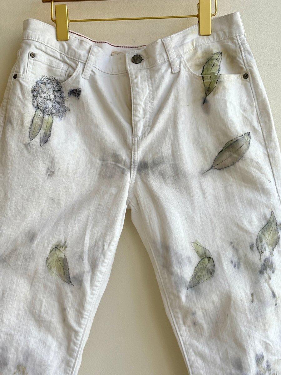 Lavender & Lime Eco Printed & Hand Drawn Slim Leg Pants w/ Yellow Bottoms (Reworked) - Made X Hudson