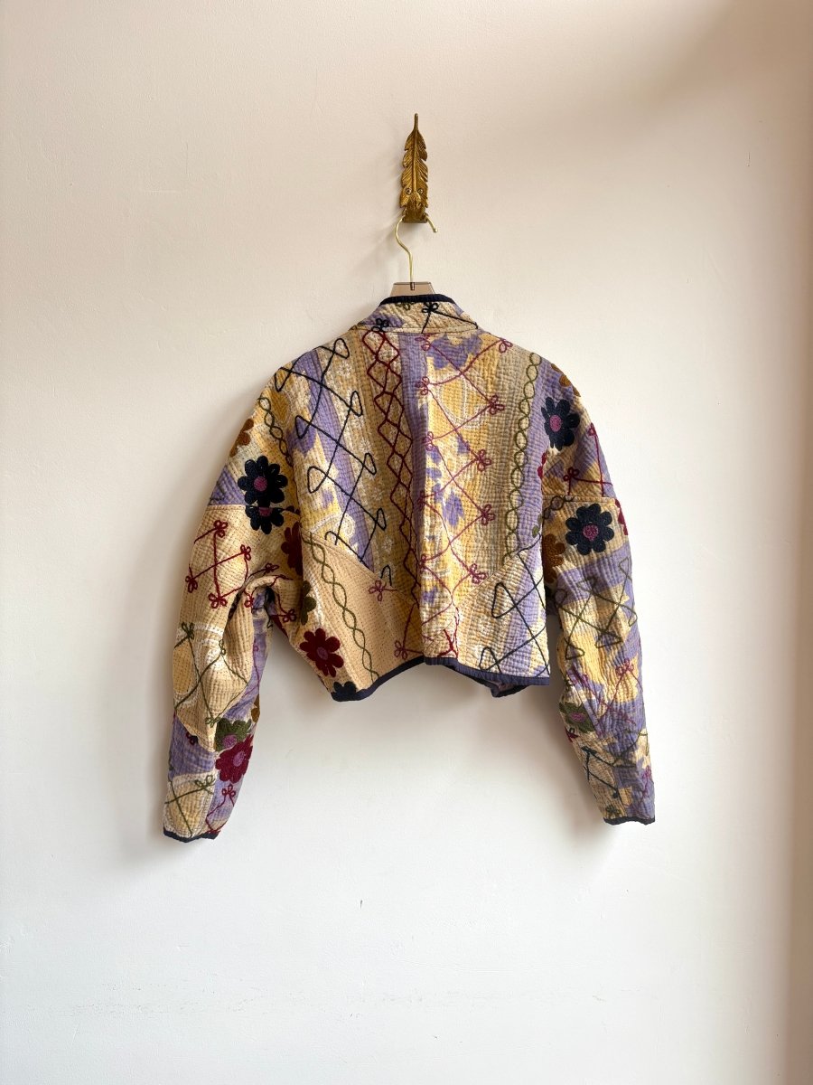 Reversible Kaira Suzani Quilted Cropped Jacket in Colors Yellow, Lavender, Burgundy, Moss & Lavender, Navy, Burgundy, Moss - Made X Hudson