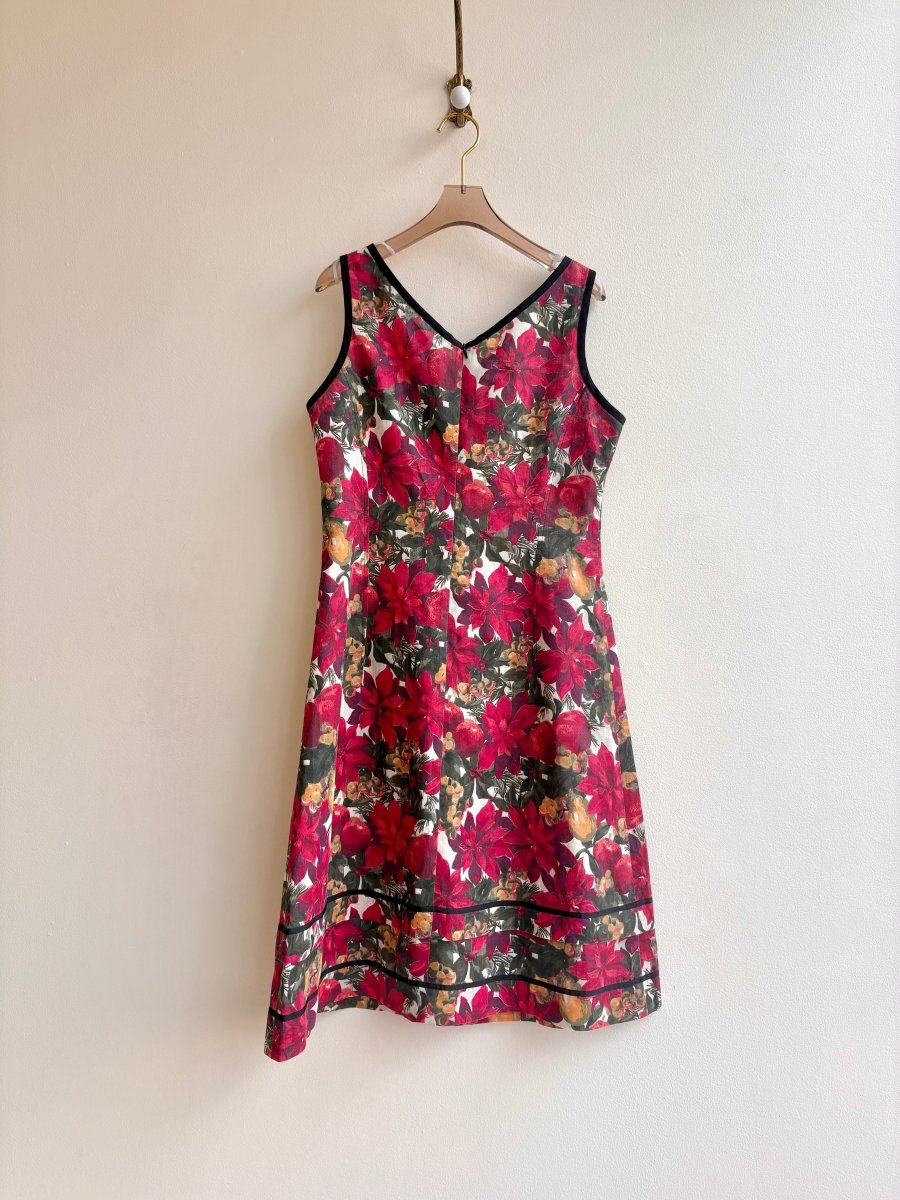 Jill Anderson | Red Poinsettia Floral Print Dress w/ Black Trim (Vintage) - Made X Hudson