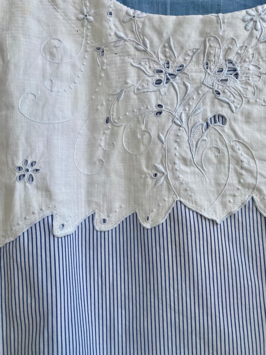 Blue & White Pinstripe Box Top w/ White Embroidered Appliqué - Made X Hudson