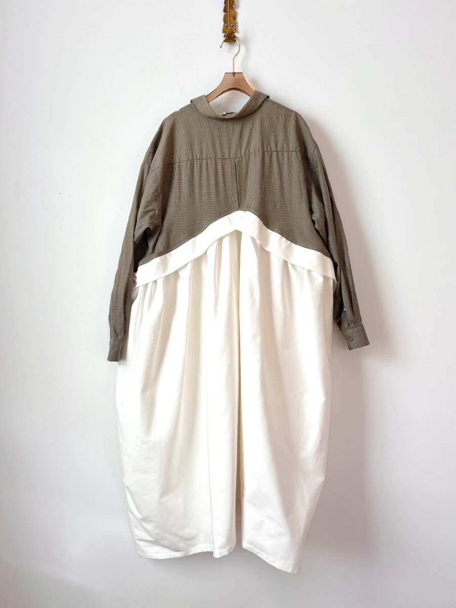 V - Line Shirtwaist Dress in Olive Micro - Plaid & White (Reworked) - Made X Hudson