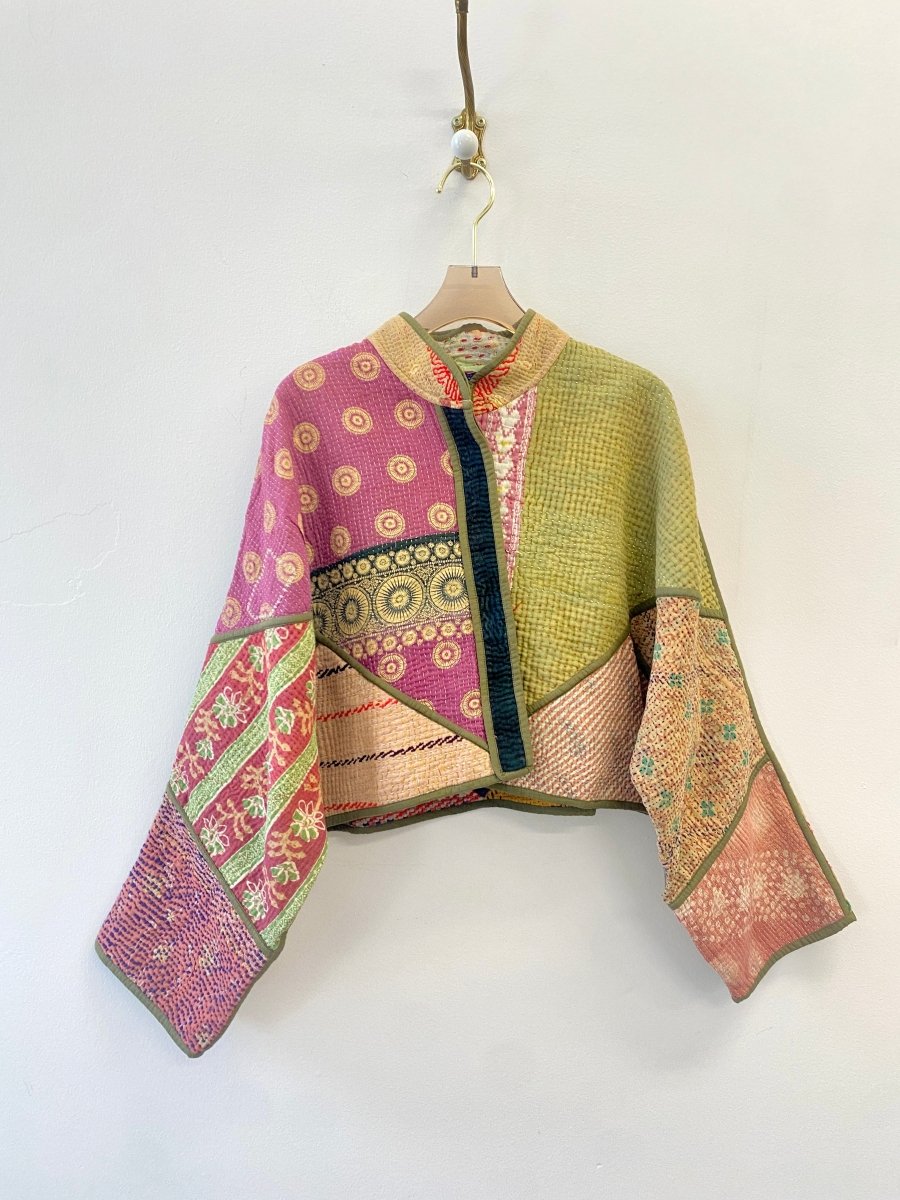 Reversible Kaira Quilted Cropped Jacket in Colors Sage Green, Blush Pink, Peach & Purple, Mustard, Orange & Sage Green - Made X Hudson