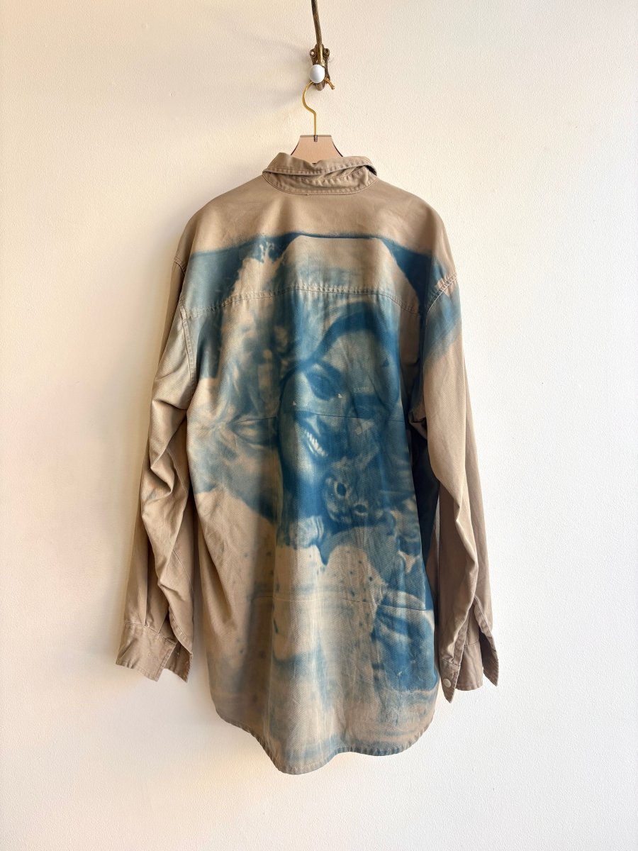 Dolly Parton and Kitten | Inverted Cyanotype Printed Tan Button - Up Shirt (Reworked) - Made X Hudson