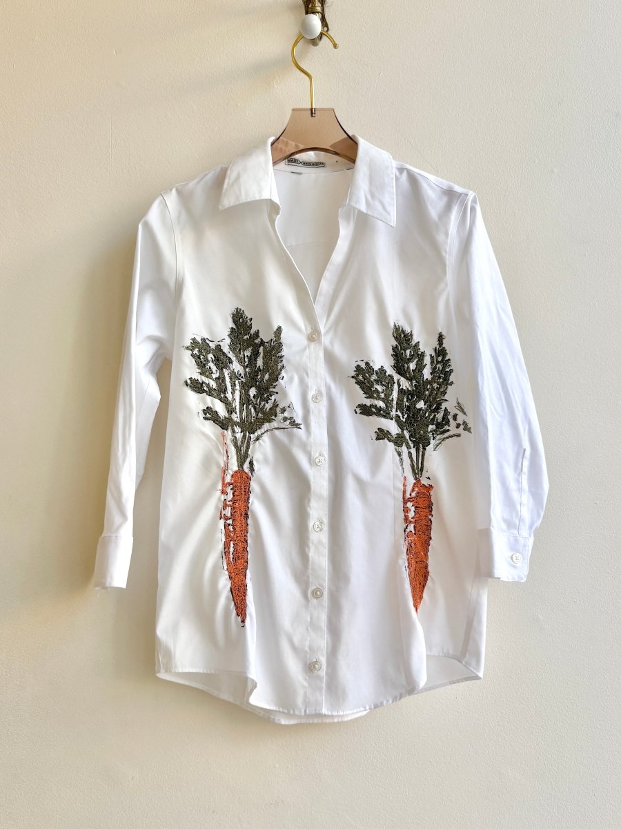 “Susie” White Green/Orange Embroidered & Stamped Carrot Print Shirt (Reworked) - Made X Hudson