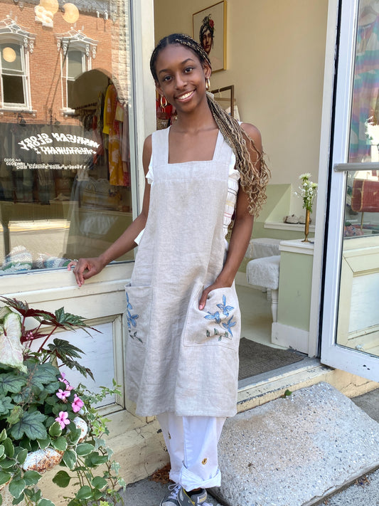 Beige Organic Linen Hand-Embroidered Pinafore Apron w/ Blue & Green Floral