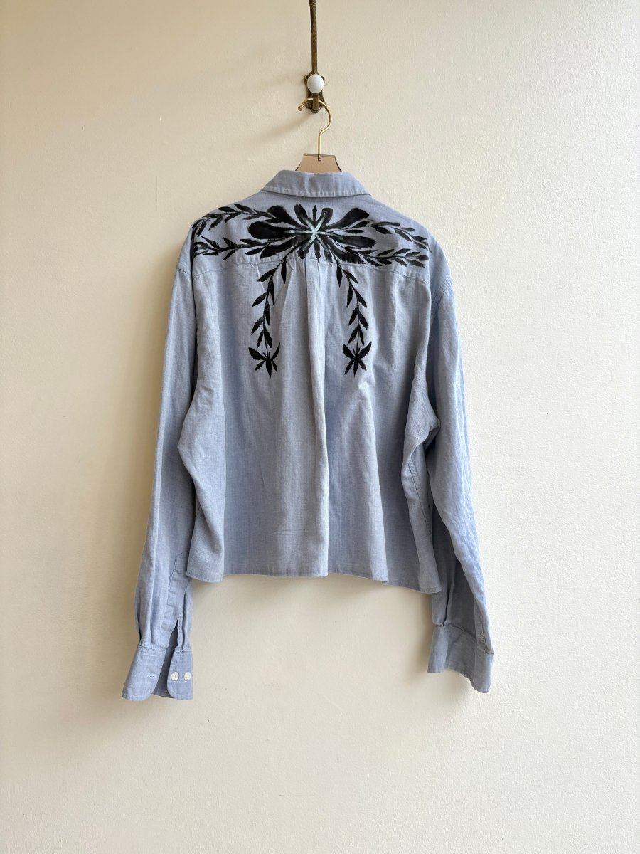Folk Floral Shadow Grey Cropped Button Down | Hand Painted (Reworked) - Made X Hudson