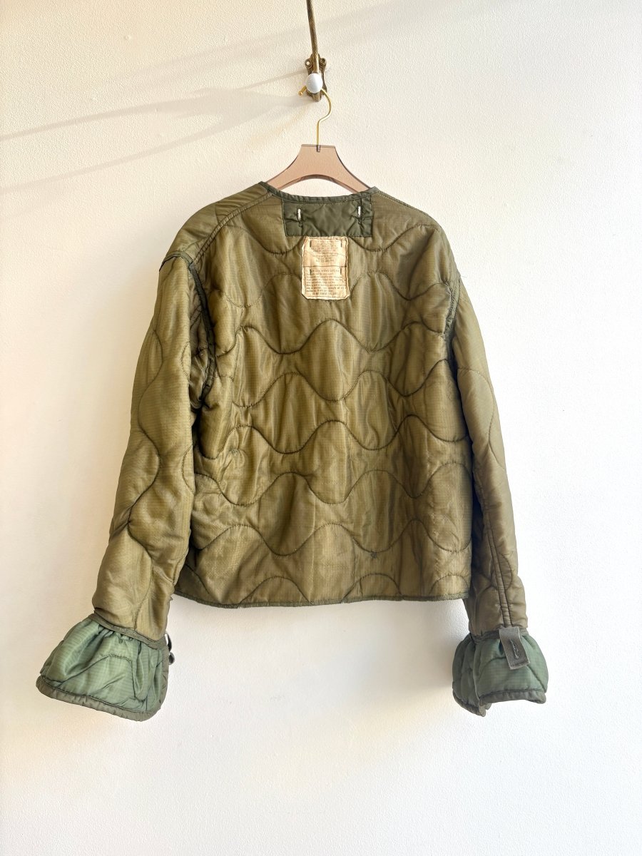 Olive Green Army Liner Quilted Coat w/ Silver Hook & Eyes and Ruffle Cuff (Reworked) - Made X Hudson