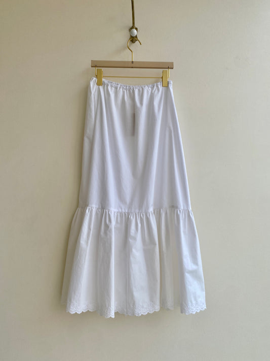 White Cotton Maxi Skirt w/ Embroidered Hem