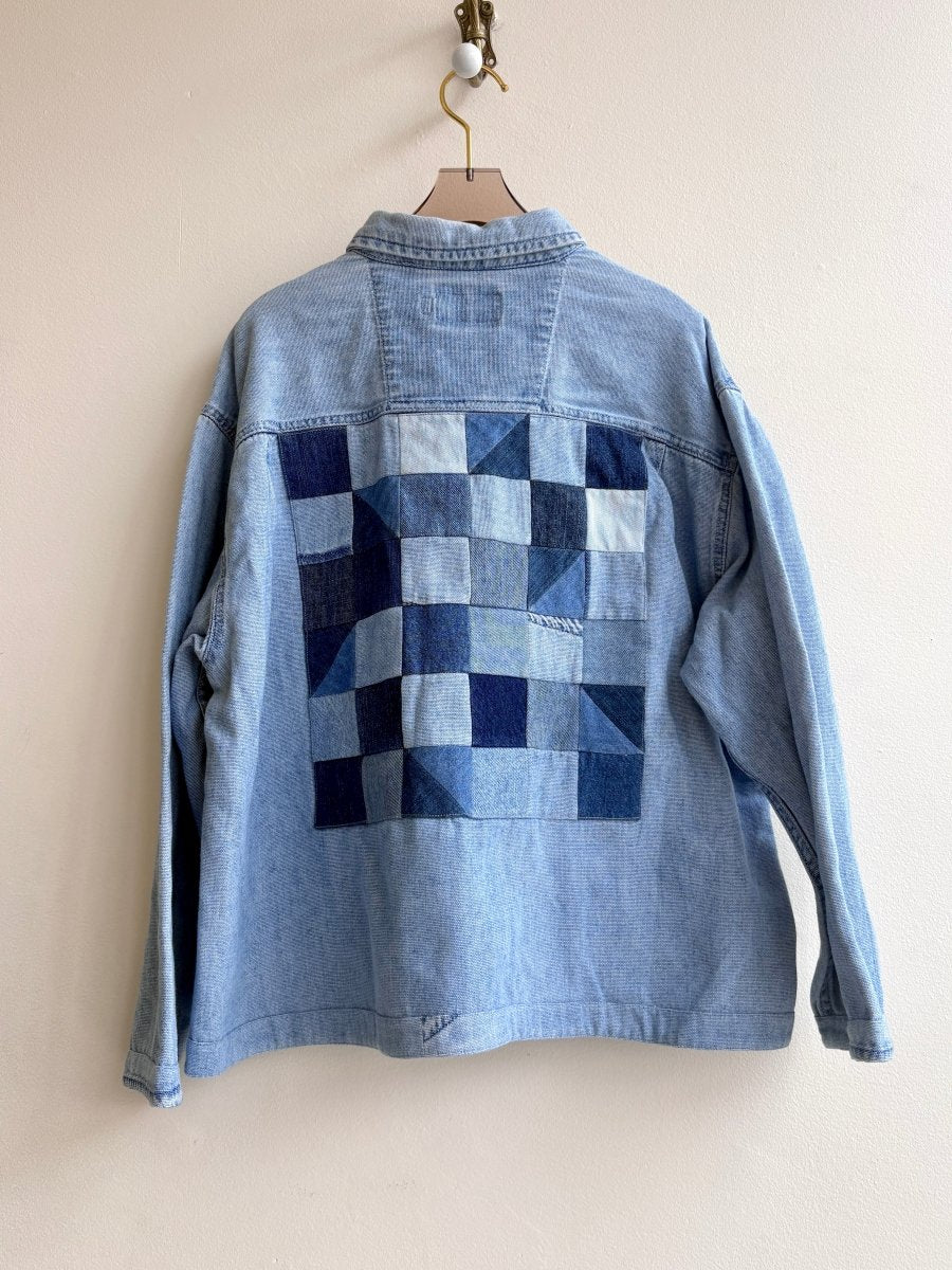 Steel Blue Denim Shirtjacket w/ Tonal Grid and Trio of Patch Pockets (Reworked) - Made X Hudson