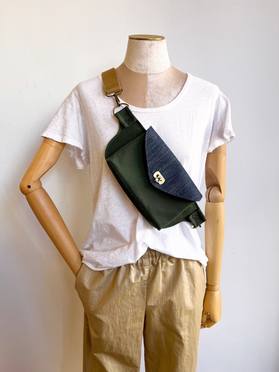 Cross - Body Bag in Army Cotton Canvas & Steel Blue Denim - Made X Hudson