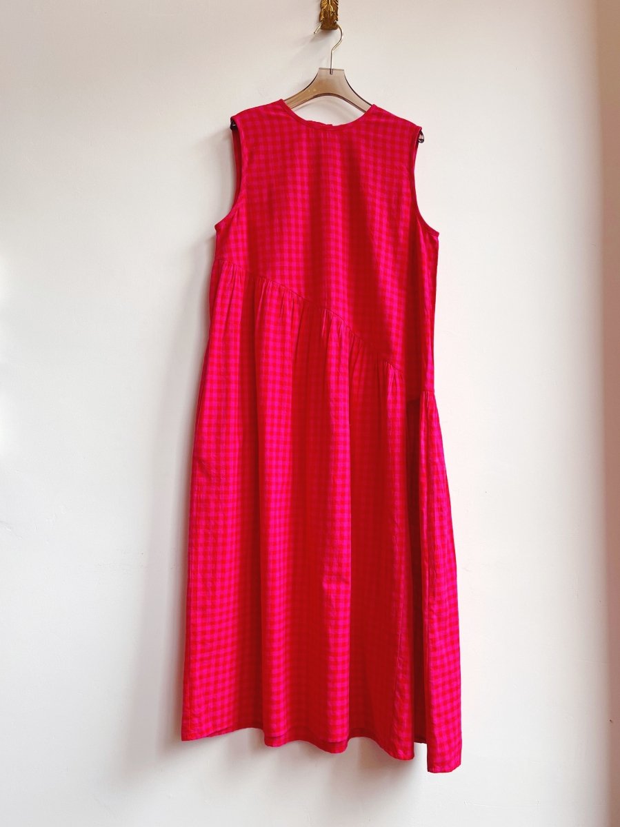 Anan Long Gathered Dress in Pink & Red Petunia Check - Made X Hudson