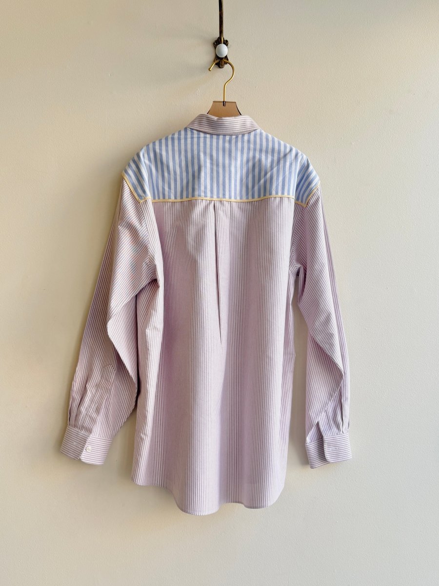 Austin Top | Red Pinstripe Button Down Top w/ Blue Pinstripe Shoulder Accent (Reworked) - Made X Hudson