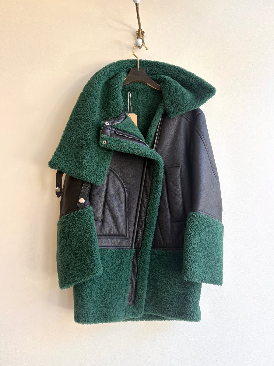 Kenzo Paris | Emerald Sherpa and Black Asymmetric Zip Leather Jacket - Made X Hudson