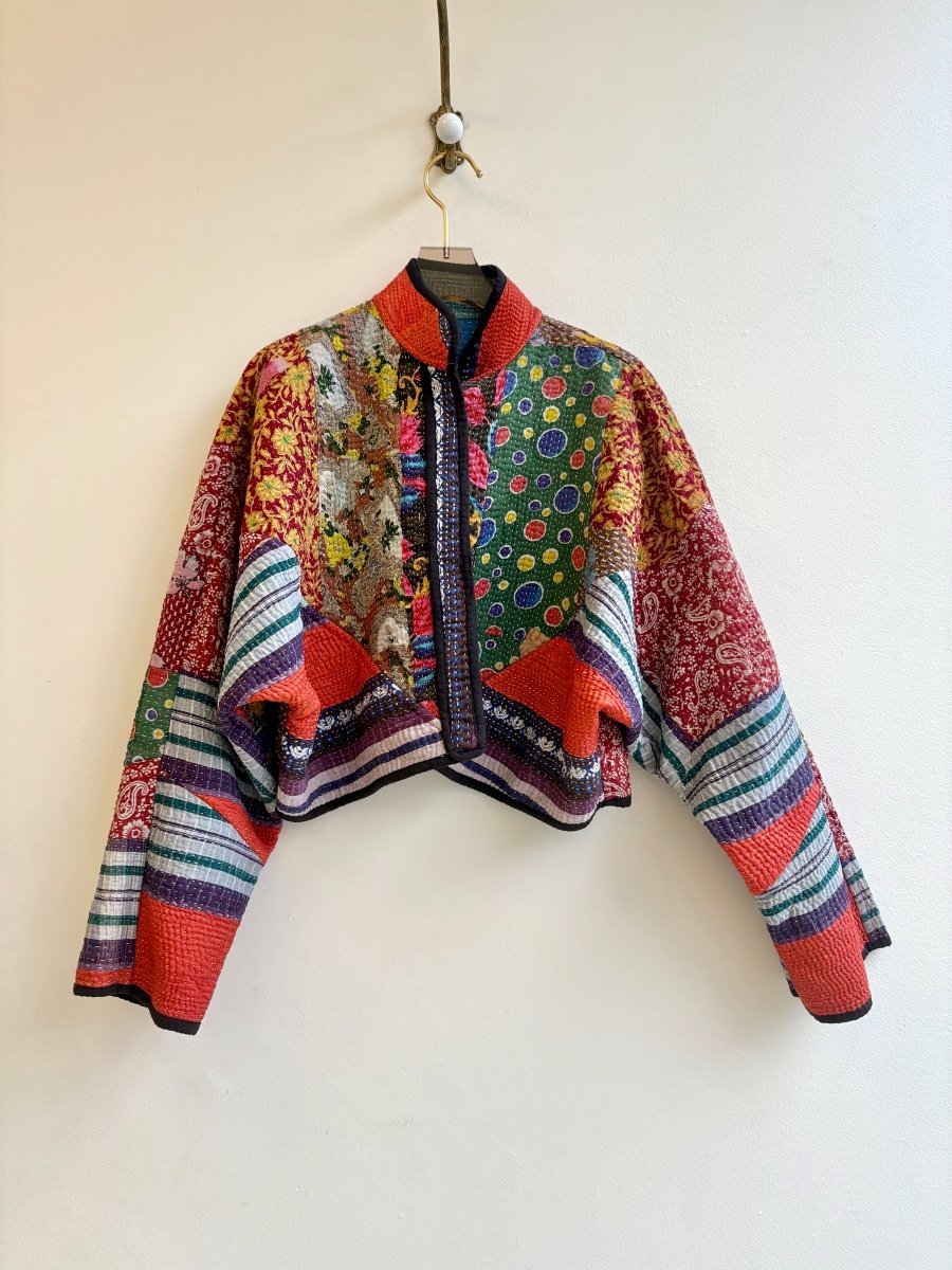 Reversible Kaira Quilted Cropped Jacket in Colors Green, Blue, Cream, Grey & Patchwork Orange, Violet, Green, Red - Made X Hudson