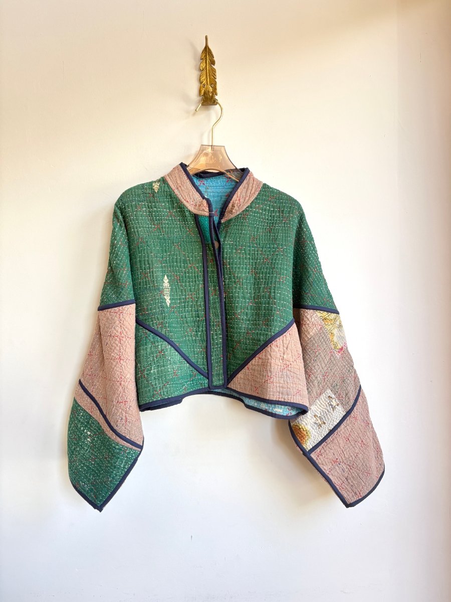 Reversible Kaira Quilted Cropped Jacket in Colors Forest Green, Tan, Red & Sky Blue, Red - Made X Hudson
