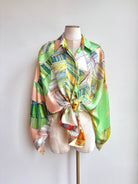 Silk Button Down Long Shirt in Lime and Pink Tropical Leaf Print - Made X Hudson