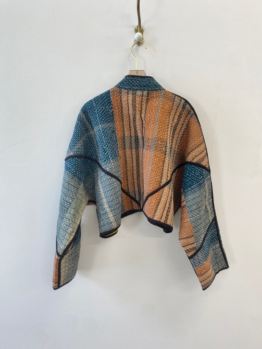 Reversible Kaira Quilted Cropped Jacket in Multi - Color Patchwork & Teal, Brown & Tan - Made X Hudson