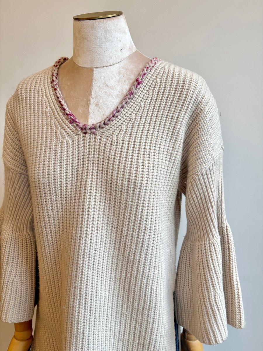 Cream Knit w/ Ruffle Sleeve & Decorative Neckline (Reworked) - Made X Hudson