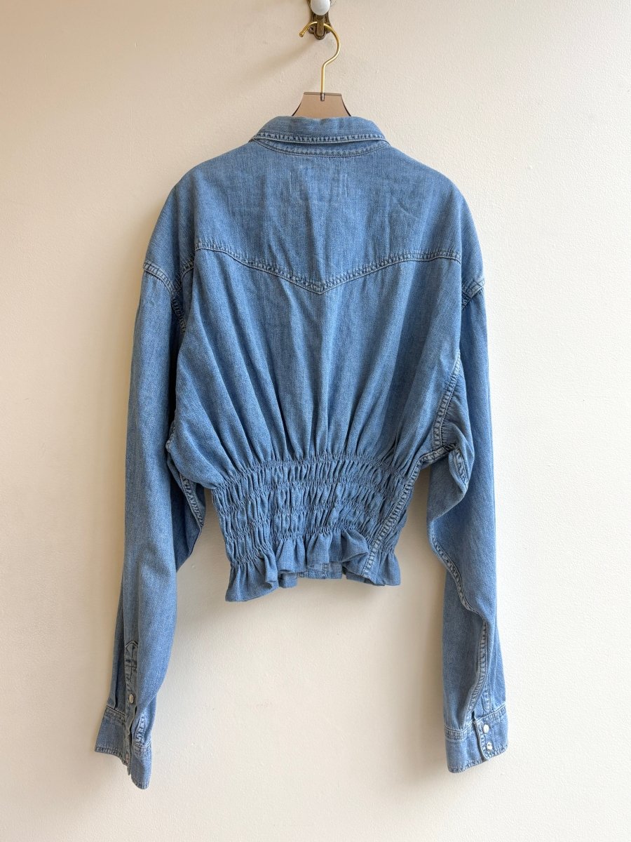 The George Top | Classic Blue Denim Button Down Top w/ Smocked Waist (Reworked) - Made X Hudson